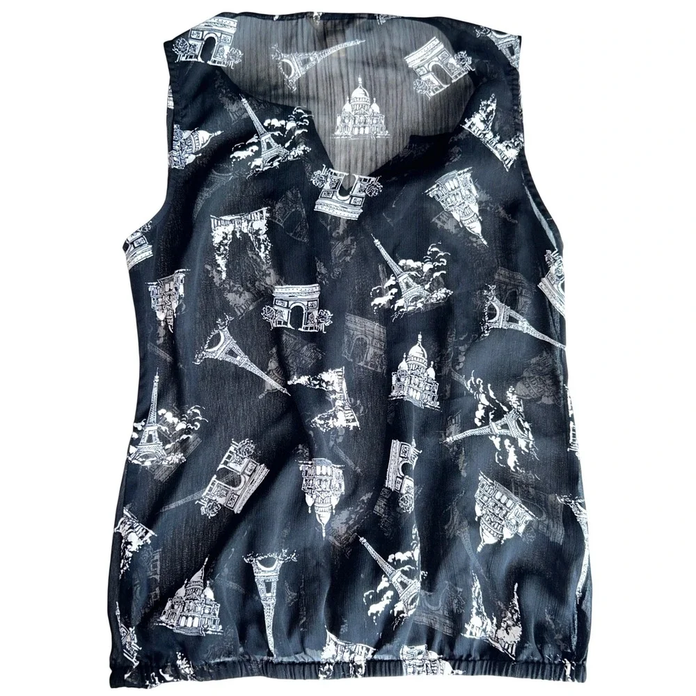 Banana Republic Paris Print Sleeveless Blouse Black White Eiffel Tower Pleated S - Picture 4 of 4